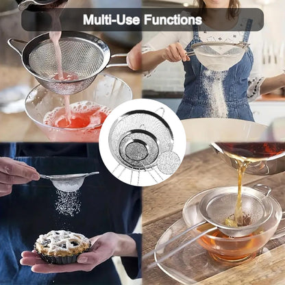 3 Piece Ultra Fine Wire Strainer with Handle, Small Medium Large Sieve Metal Strainer Set, Stainless Steel Sieve Fine Mesh Strainer for Kitchen Rice Juice Quinoa Food Flour Baking