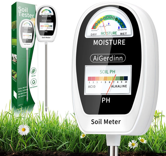AiGerdinn Soil Test Kit, 2-in-1 Soil Moisture Meter, Soil pH Meter -Dual Dial-Simultaneously-Display Results-Soil pH Tester, Moisture Meter for Garden,Lawn,Farm Indoor&Outdoor Plants-PureWhite