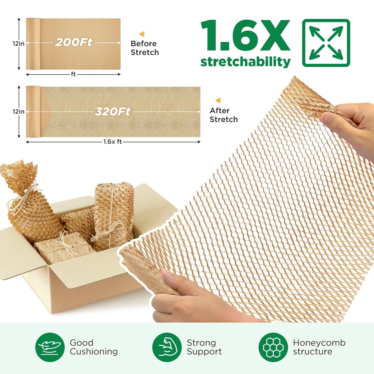 Honeycomb Packing Paper, 12"x200' Brown | Perforated Honeycomb Packing Paper Recyclable Moving Supplies for Shipping & Moving | Plastic-Free Alternative to Bubble Cushion Wrap with 36 Fragile Stickers