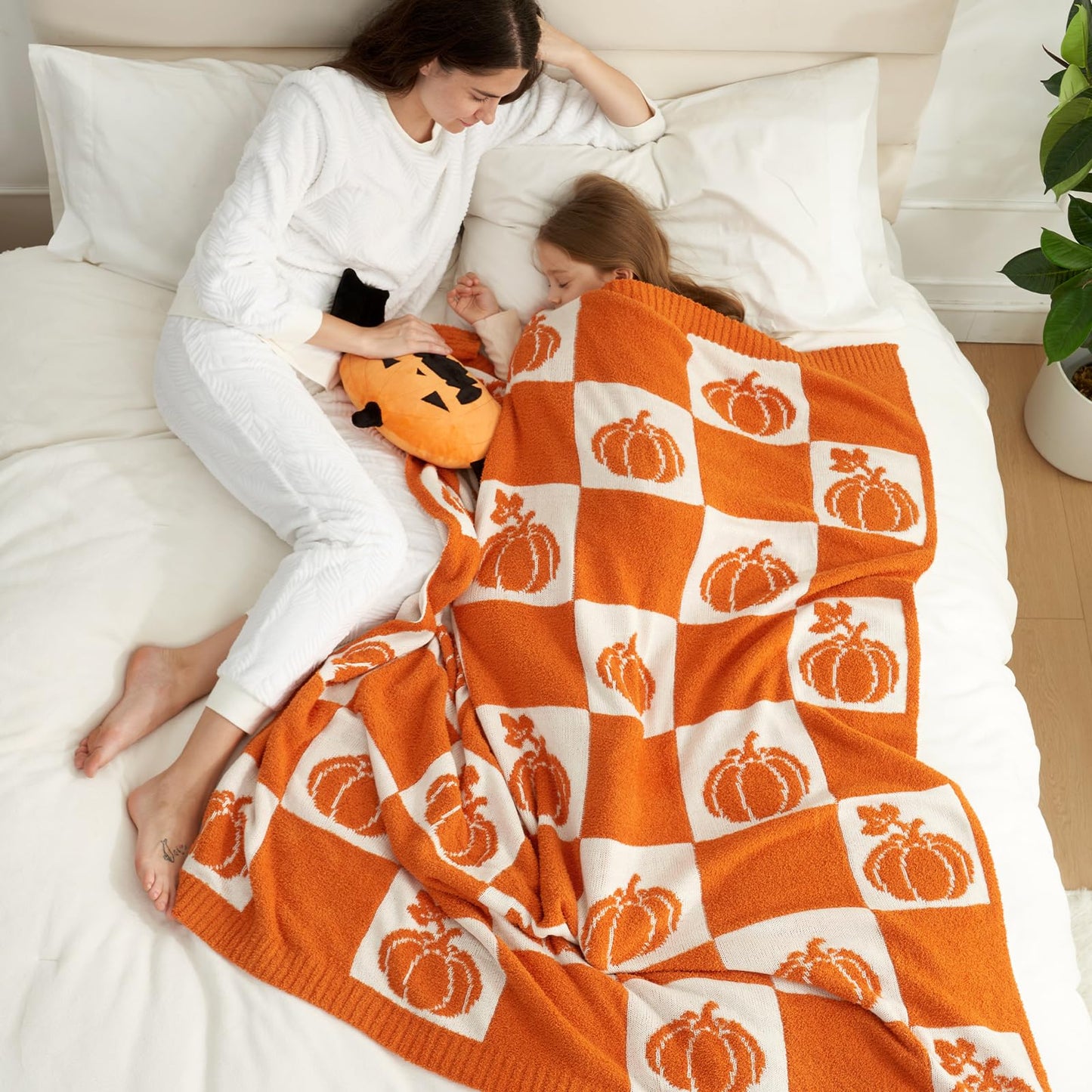 Snuggle Sac Fall Checkered Blanket Orange Pumpkin Throw Blanket for Couch, Bed, Sofa, 50x60 inches, Ribbed Jacquard Ultra Soft Decorative Blanket, Pumpkin Throw Blankets for Halloween Harvest Gifts