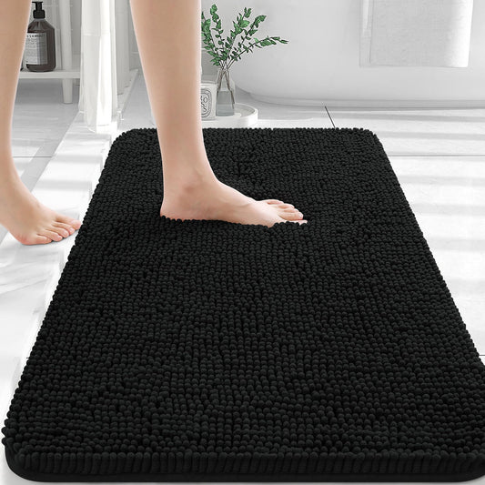 OLANLY Black Bathroom Rug 30x20, Extra Soft Absorbent Chenille Bath Rugs, Rubber Backing Quick Dry, Machine Washable Bath Mats for Bathroom Floor, Tub and Shower, Home Decor Accessories