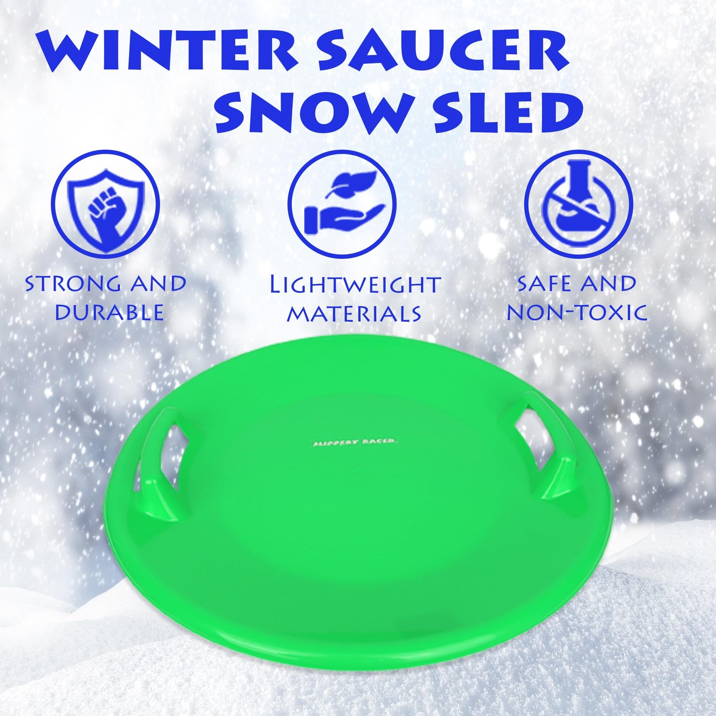 Slippery Racer Heavy-Duty Cold Resistant Downhill Pro Adults and Kids Plastic Outdoor Winter Saucer Disc Snow Sled with Handles (Green, 1 Pack)