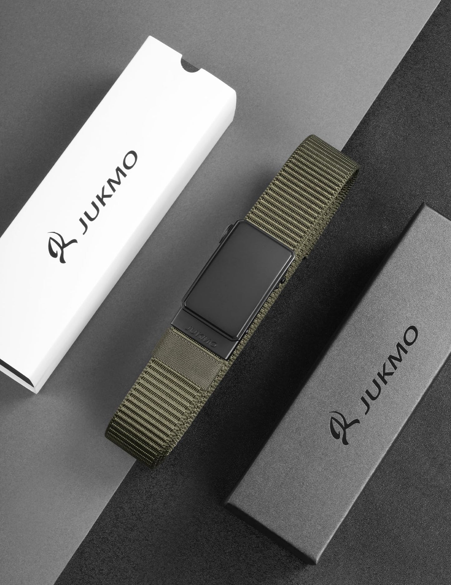 JUKMO Men's 1.5" Nylon Ratchet Belt, Casual Web Click Tactical Belt with Slide Buckle for Jeans, No Holes Adjustable Trim to Fit(Army Green,Medium)