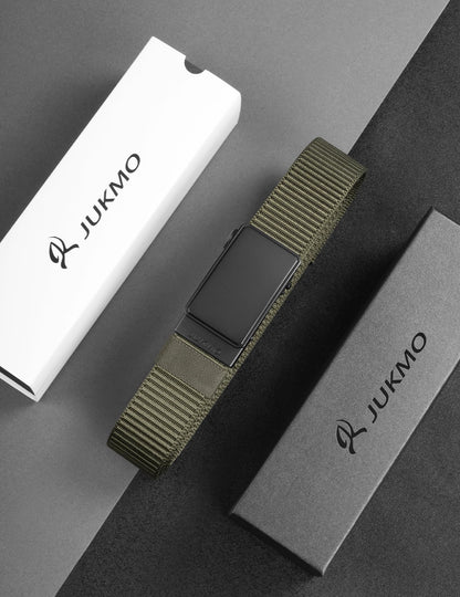 JUKMO Men's 1.5" Nylon Ratchet Belt, Casual Web Click Tactical Belt with Slide Buckle for Jeans, No Holes Adjustable Trim to Fit(Army Green,Medium)