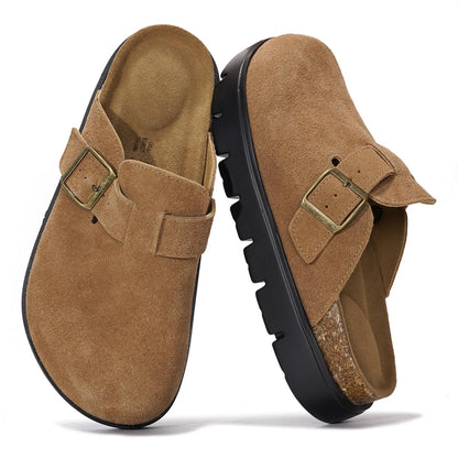 Project Cloud Genuine Leather Platform Clogs for Women Footwear - Memory Foam Arch Support Cork Footbed Casual Shoes & Mules for Women 2025 (Benton Chunky, TAN, 7.5)