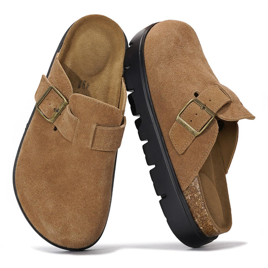 Project Cloud Genuine Leather Platform Clogs for Women Footwear - Memory Foam Arch Support Cork Footbed Casual Shoes & Mules for Women 2025 (Benton Chunky, TAN, 7.5)