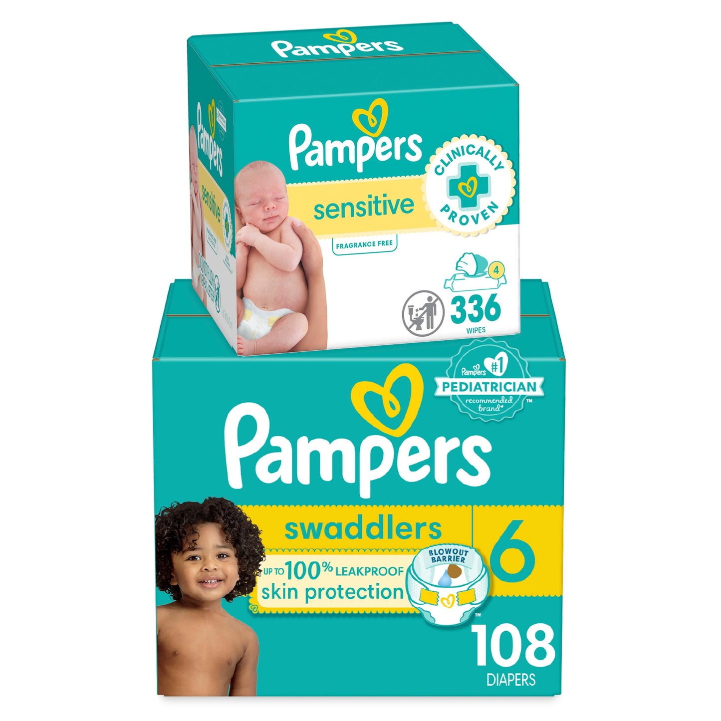 Pampers Swaddlers Disposable Baby Diapers Size 6, 108 Count with Sensitive Water Based Baby Wipes 4X Pop-Top Packs (336 Count)