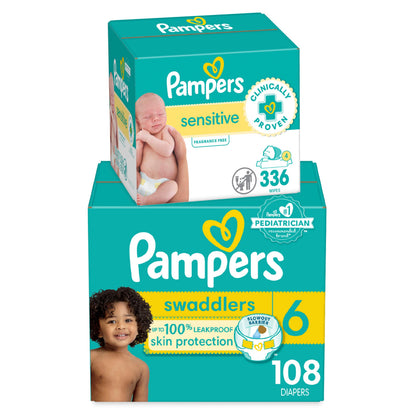 Pampers Swaddlers Disposable Baby Diapers Size 6, 108 Count with Sensitive Water Based Baby Wipes 4X Pop-Top Packs (336 Count)