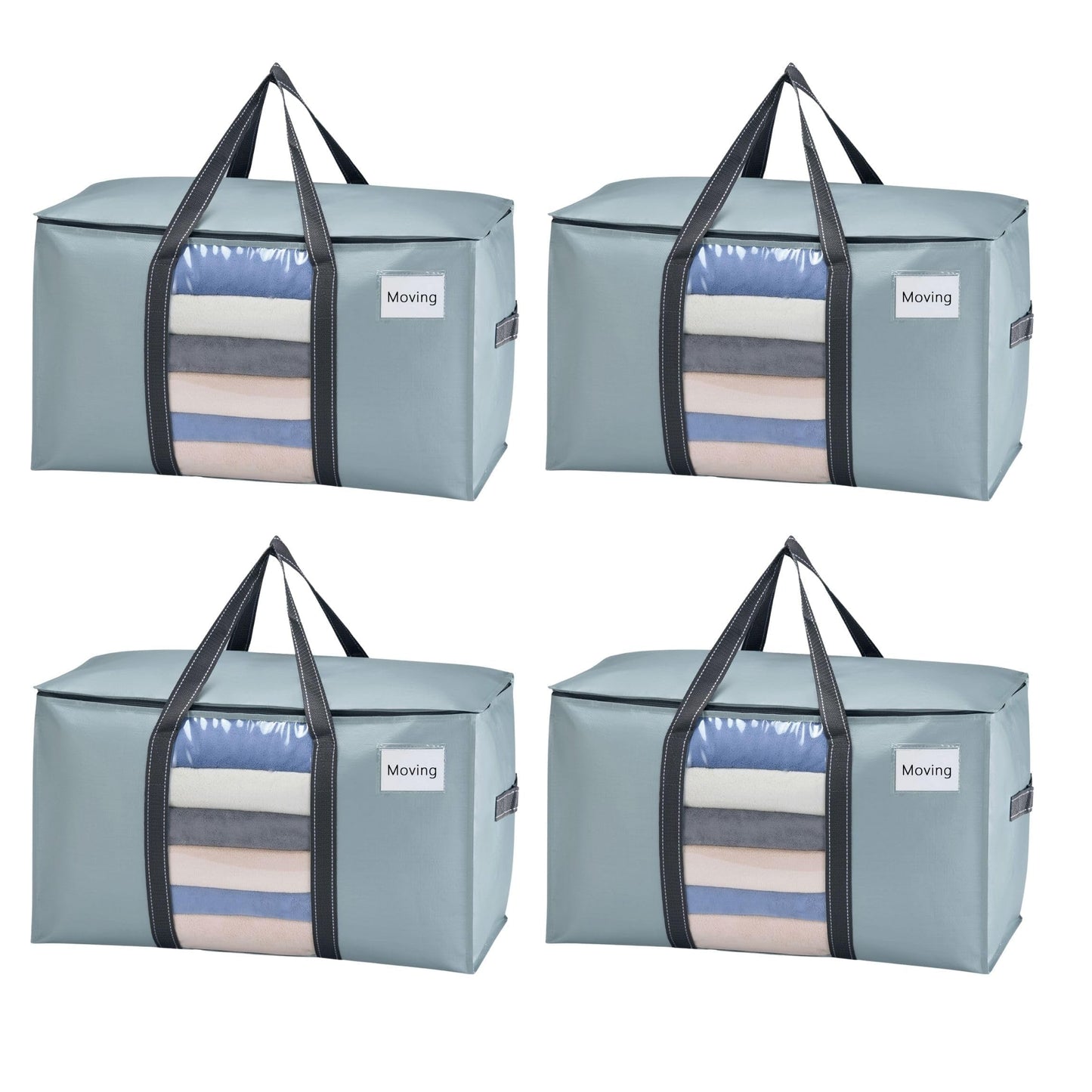 VENO 4 Pack Moving Bags, Moving Supplies, Moving Boxes, College Packing Storage Boxes with Lids Alternative, Heavy Duty Totes, Extra Large, Sturdy Handles, Zipper (Light Blue with Window, 4 Pack)