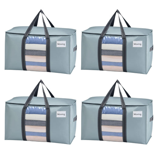 VENO 4 Pack Moving Bags, Moving Supplies, Moving Boxes, College Packing Storage Boxes with Lids Alternative, Heavy Duty Totes, Extra Large, Sturdy Handles, Zipper (Light Blue with Window, 4 Pack)