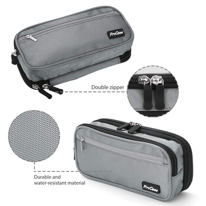 ProCase Pencil Case Pen Bag, Two Layers Big Capacity Pencil Pouch Pen Organizer Durable Stationery Holder for Marker Organization School Supplies Office Storage Desk Organizing -Grey