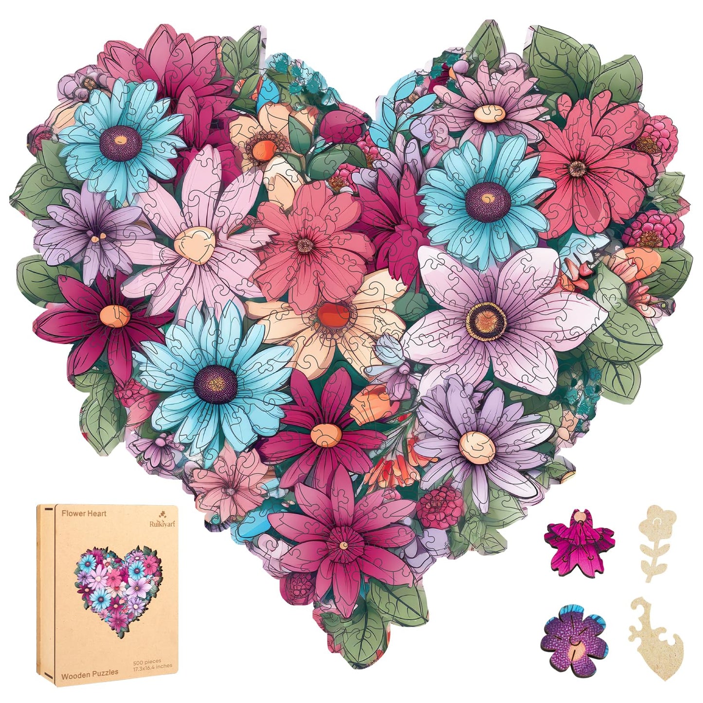 Ruikiyart Valentines Puzzle, Flower Puzzle for Adults 500 Pieces, Heart Flower Wood Jigsaw Puzzles, Wooden Puzzles for Adults Great Valentines Gift for Family Games Adult Home Decoration (17.3"*16.4")