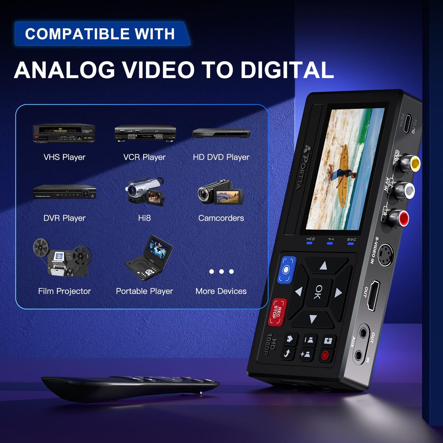 Portta VHS to Digital Converter, Video to Digital Recorder with Remote, Compatible with VHS, VCR, DVR, DVD, Hi8, Mini DV Players, Camcorder, Gaming Consoles (Tapes/DVD Player Not Included)