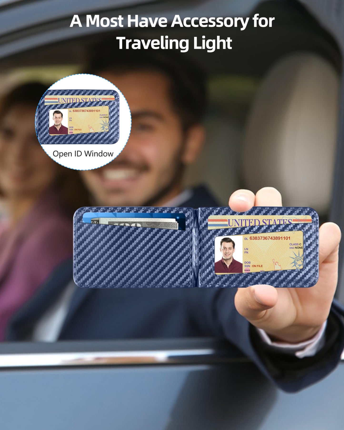 ExtreLife for Magsafe Wallet, Adjustable Stand and Open ID Window, Magnetic Wallet for iPhone 16/15/14 Pro Max/14 Pro/14/14 Plus/13/12 Series, 9 Cards, Blue Carbon Fiber