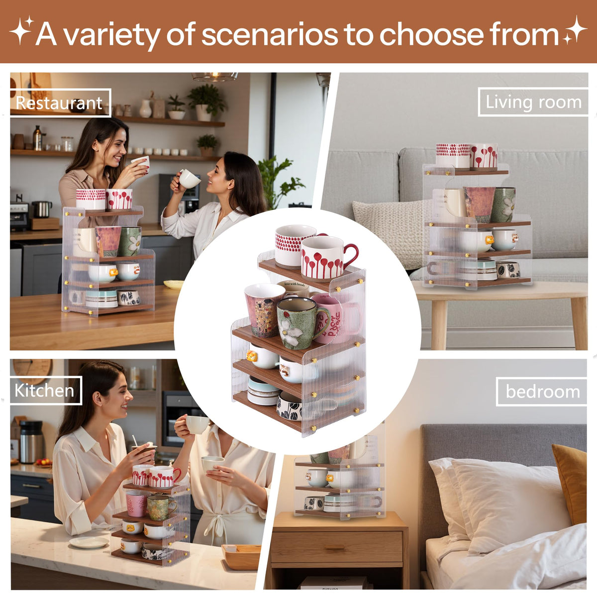 KAOTGOT Coffee Mug Holder Wooden Cup Station Organizer 4-Tier Cup Holder for Coffee Bar Mug Display Rack for Countertop Mug Holder Shelf for Home Kitchen Wood