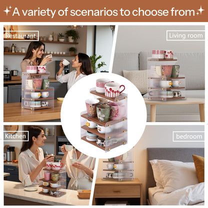 KAOTGOT Coffee Mug Holder Wooden Cup Station Organizer 4-Tier Cup Holder for Coffee Bar Mug Display Rack for Countertop Mug Holder Shelf for Home Kitchen Wood