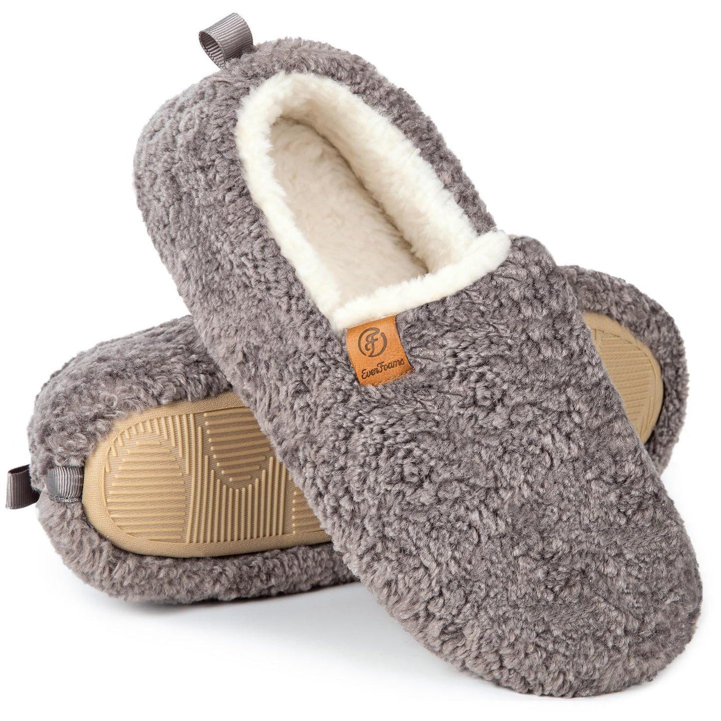 EverFoams Women’s Soft Curly Full Slippers Memory Foam Lightweight House Shoes Cozy Loafer with Polar Fleece Lining Grey,7-8 US