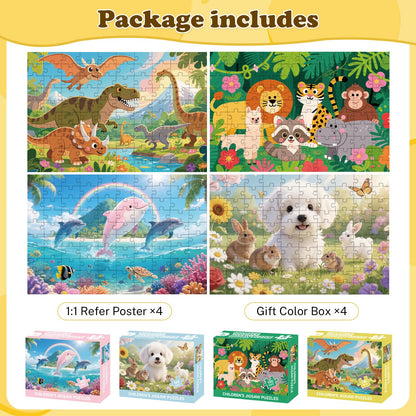 4-Pack 100 Piece Puzzles for Kids Ages 4-6 6-8 8-10, Cute Dogs Dinosaurs Dolphins Wildlife Kids Puzzles Ages 3-5 4-6 5-8, 100 Large Piece Jigsaw Puzzles Educational Toys for Boys and Girls (15x10 in)