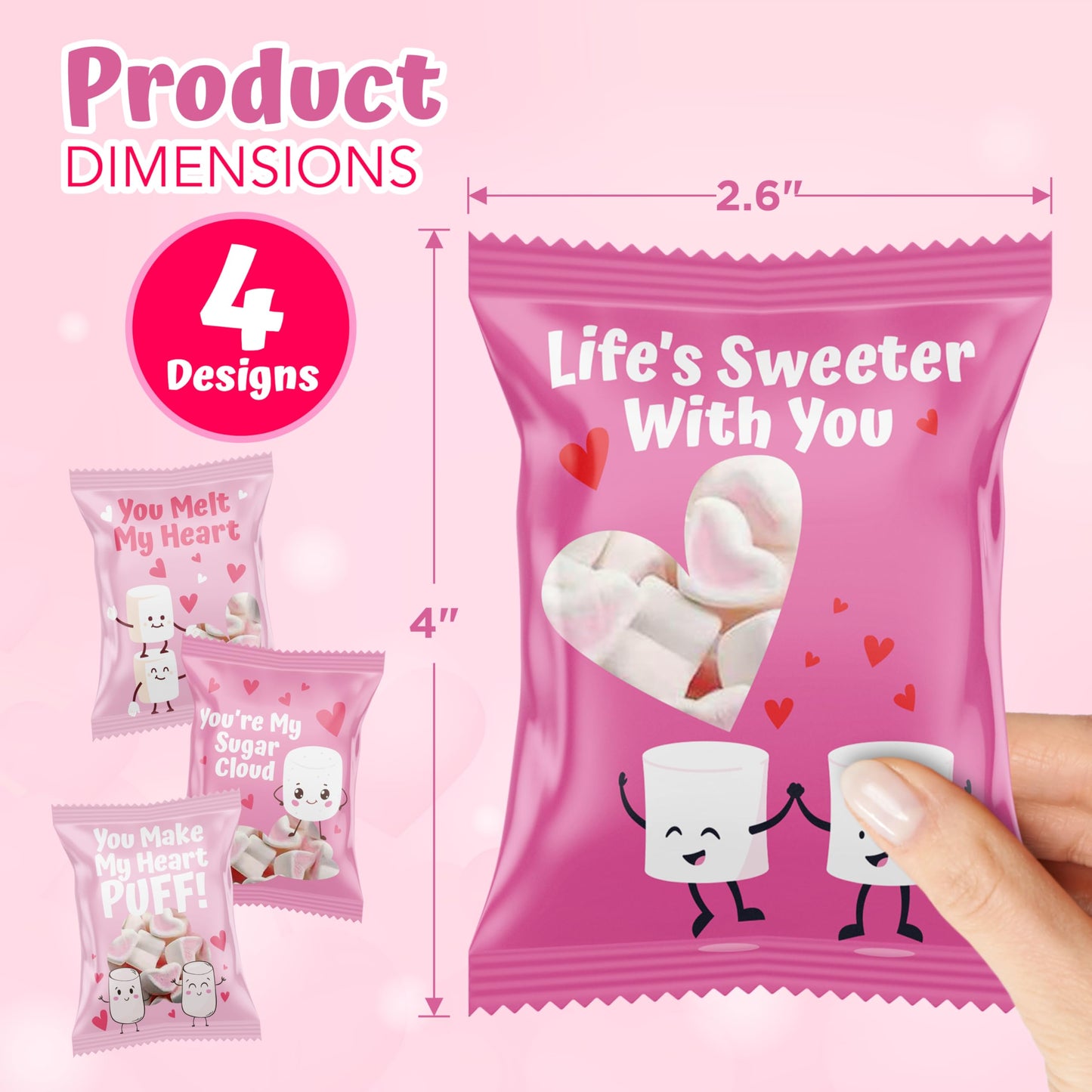 4E's Novelty Heart Marshmallows (24 Packs) Pink & White Valentine Marshmallows Mini Individually Wrapped for Hot Chocolate, Valentines Candy Bulk for Kids Classroom Exchange Party Favors