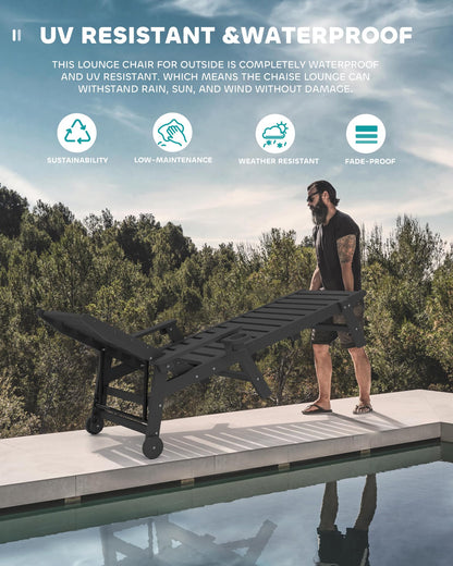 SERWALL Patio Chaise Lounge Chair Set of 4, 5 Positions Adjustable Poly Outdoor Lounge Chair for Pool, HDPE Lounge Chair with Rolling Wheels & Cup Holder for Poolside, Deck, Obsidian Black
