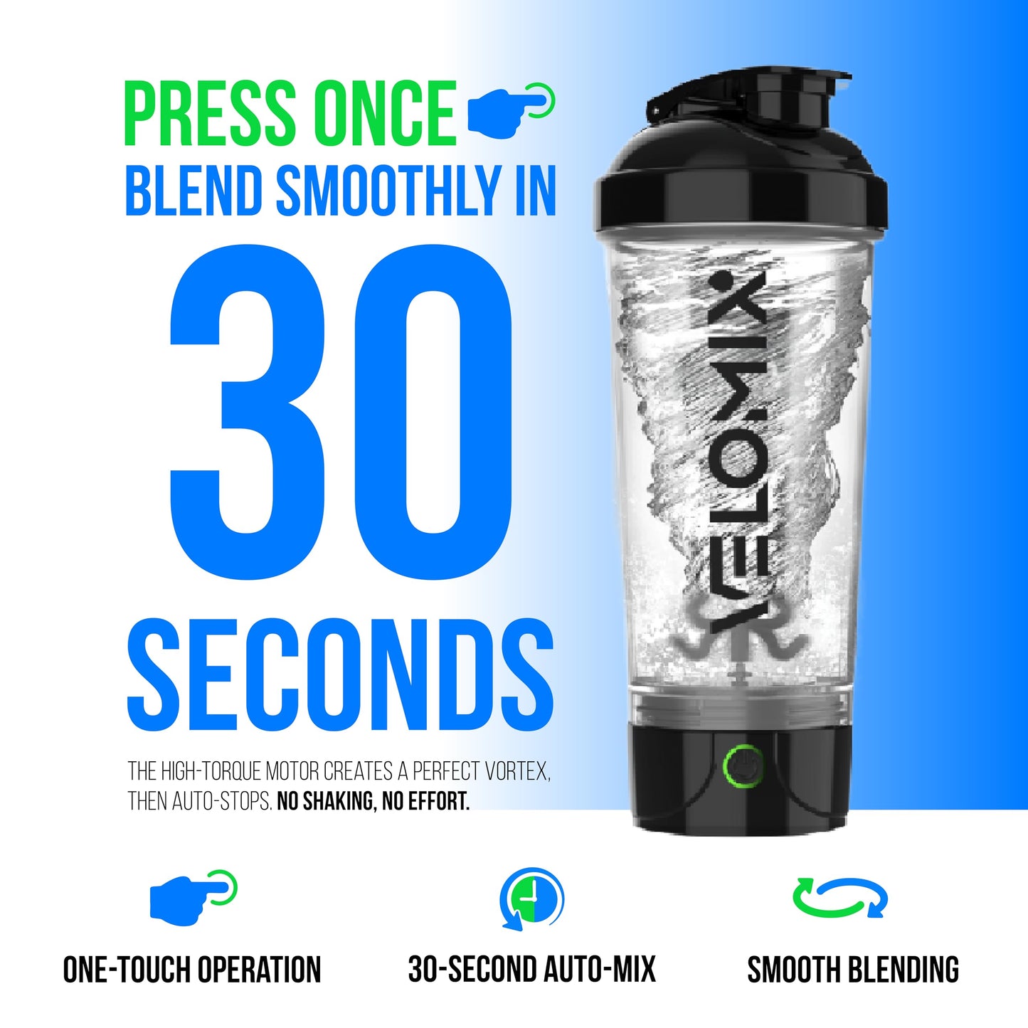 VELOMIX Electric Protein Shaker Bottle - 24 oz | USB-C Rechargeable | Leak Proof Shaker Cups for Protein Shakes | Portable Blender for Shakes and Smoothies (Electric-Transparent)