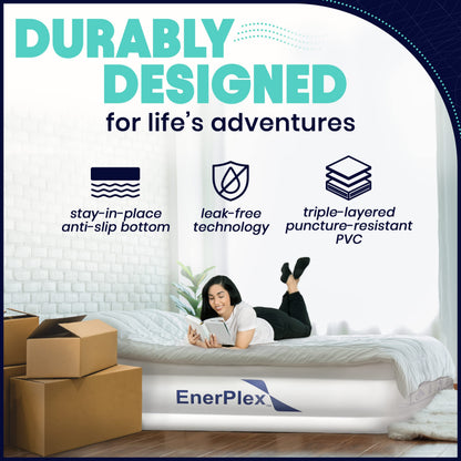 EnerPlex Queen Air Mattress with Built in Pump - 15" Luxury Size Self-Inflating Blow Up Mattress with Neck Support - Inflatable Air Bed for Portable Travel & Home Use (Blue/White)