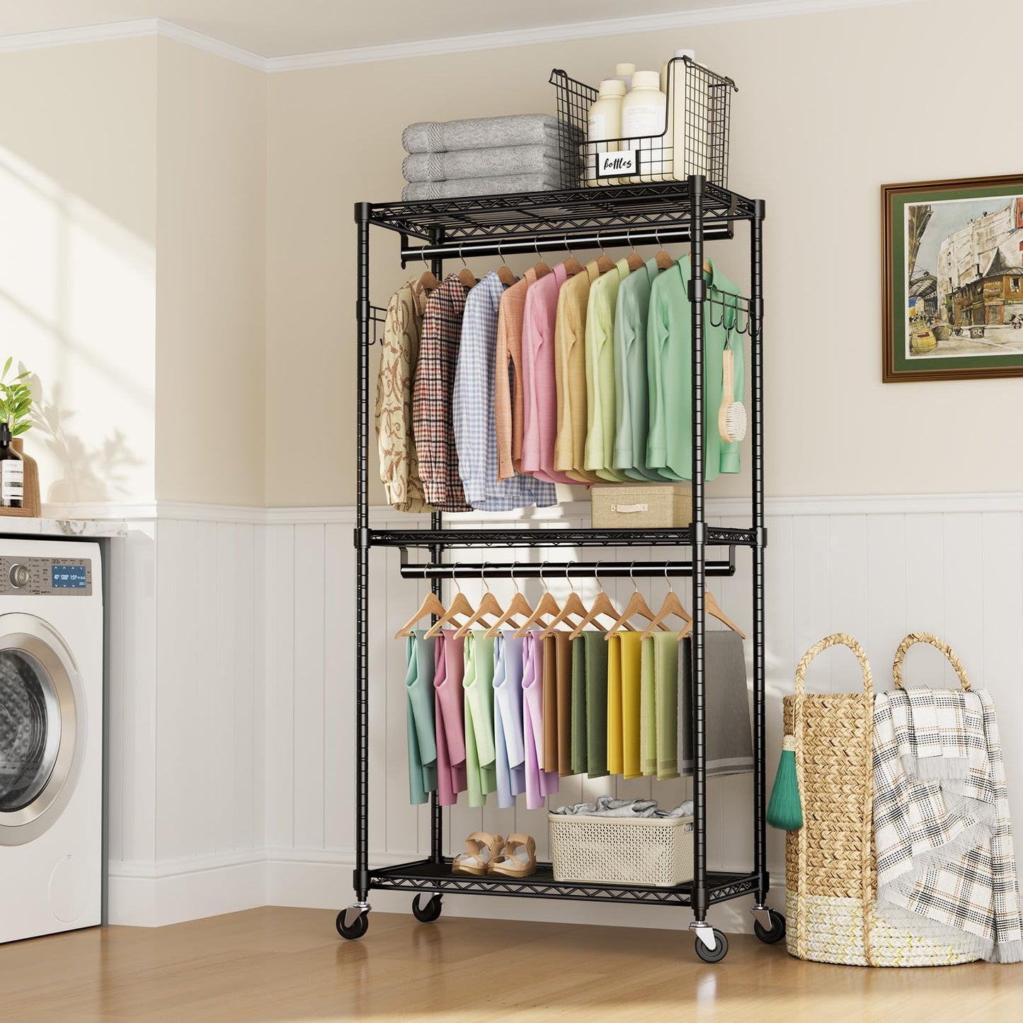Sweetcrispy Medium Rolling Clothes Rack, Heavy Duty Garment Racks 3 Tiers Portable Adjustable Wire Shelves with Wheels, Hanging Rods, Hooks Freestanding Clothing Wardrobe Closet (15.7"Lx29.5"Wx75.5"H)