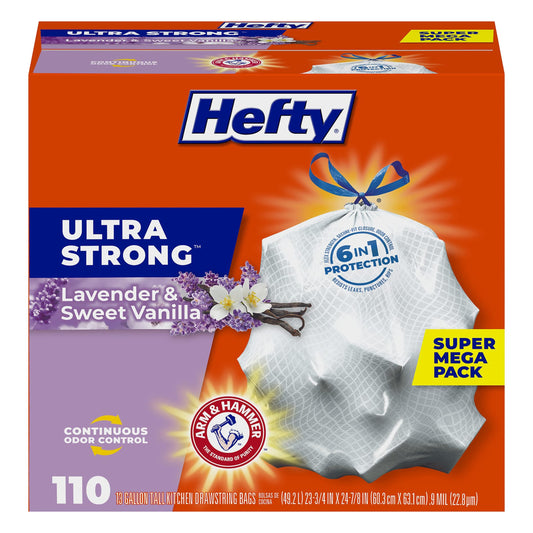 Hefty Ultra Strong 13 Gallon Trash Bags, Tall Kitchen Trash Bags 13 Gallon Size, Drawstring Closure, Continuous Odor Control, White, Lavender and Sweet Vanilla Scent, 110 Bags