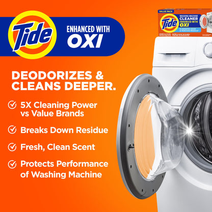 Tide Washing Machine Cleaner 52 Week Supply with Oxi for Front and Top Loader Washer Machines, Deep Cleaning Residue & Odor Eliminator, 12 Month Supply (Packaging May Vary)