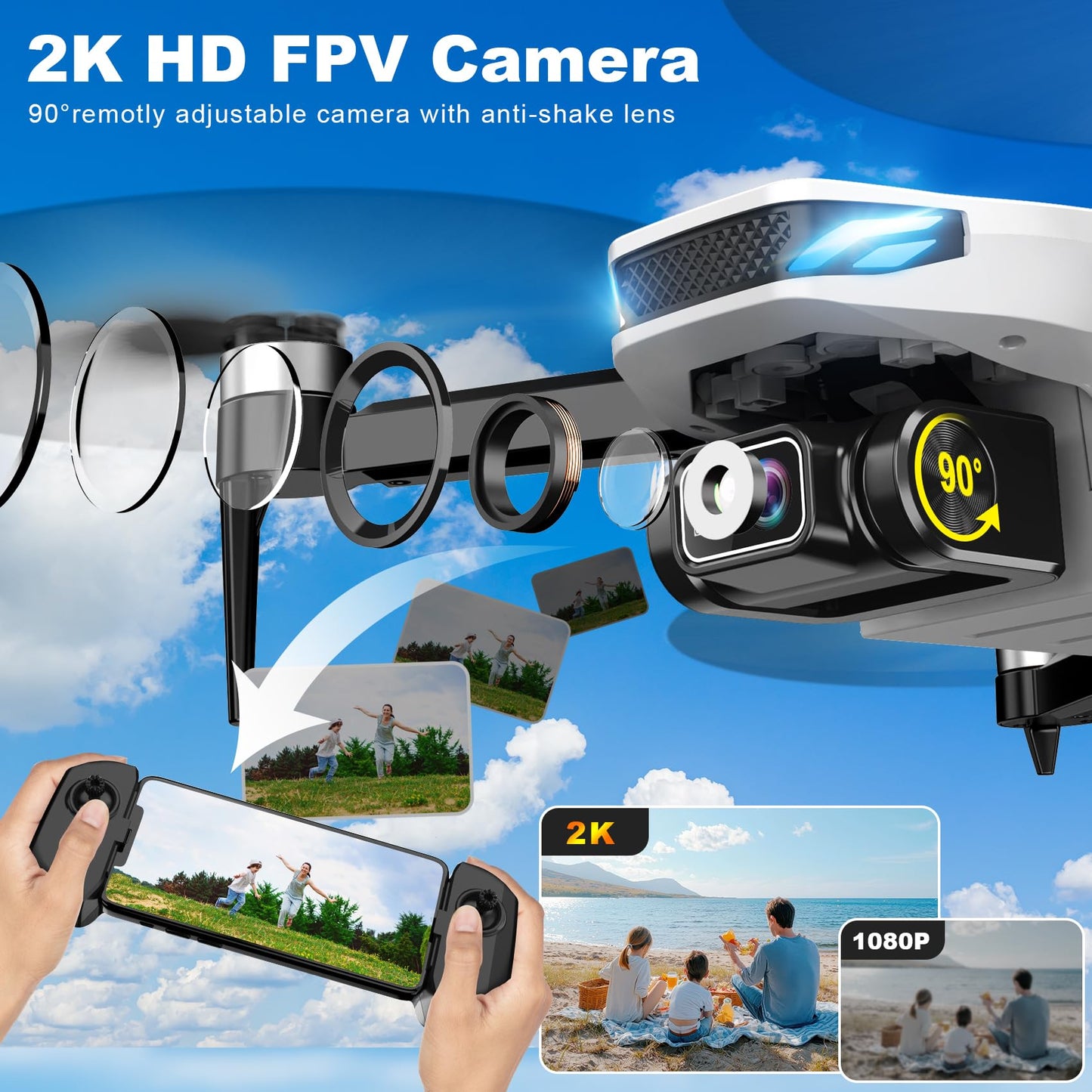 Drone with Camera for Adults, 2K HD GPS Drones with Auto Return, Follow Me, Circle Fly, Waypoint Fly, Optical Flow, Brushless Motor, Foldable 5G Transmission FPV Quadcopter