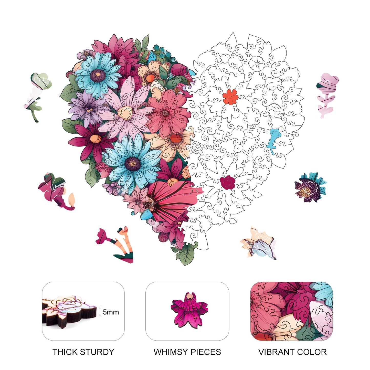 Ruikiyart Valentines Puzzle, Flower Puzzle for Adults 500 Pieces, Heart Flower Wood Jigsaw Puzzles, Wooden Puzzles for Adults Great Valentines Gift for Family Games Adult Home Decoration (17.3"*16.4")