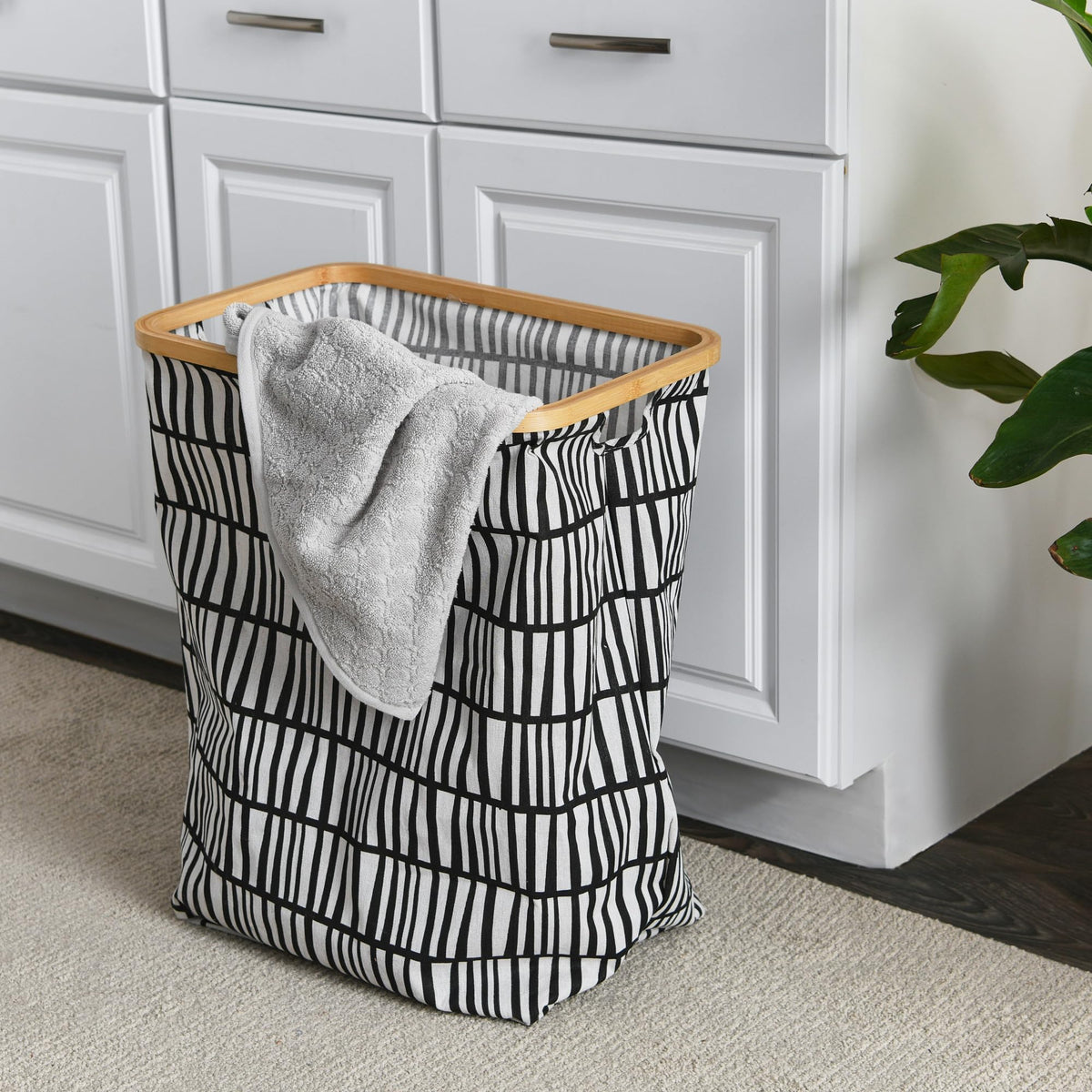 Household Essentials Bamboo Rimmed Rectangular Krush Hamper with Cutout Handles, Black and White