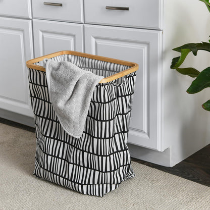 Household Essentials Bamboo Rimmed Rectangular Krush Hamper with Cutout Handles, Black and White
