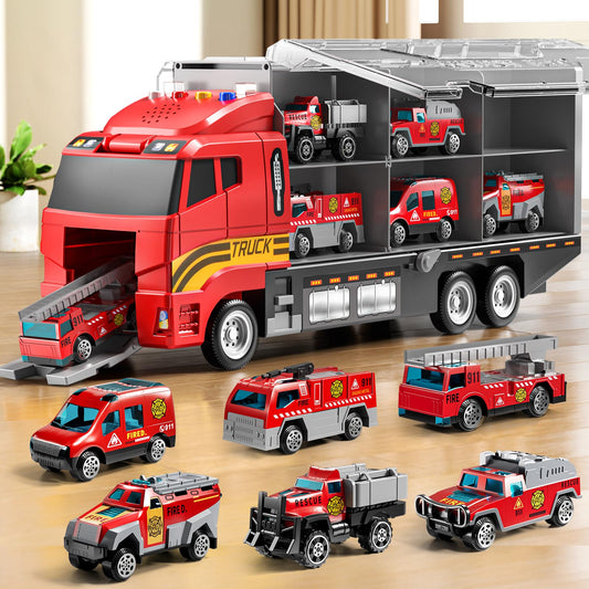 NIPLOOOW Toddler Boys Toys for 3-5 Years Old, Fire Truck Vehicle Set with Play Mat and Die-Cast Toy Car, Transport Carrier Truck for Kids 3-5, Birthday Gifts Toys for 3-8+ Year Old Boys