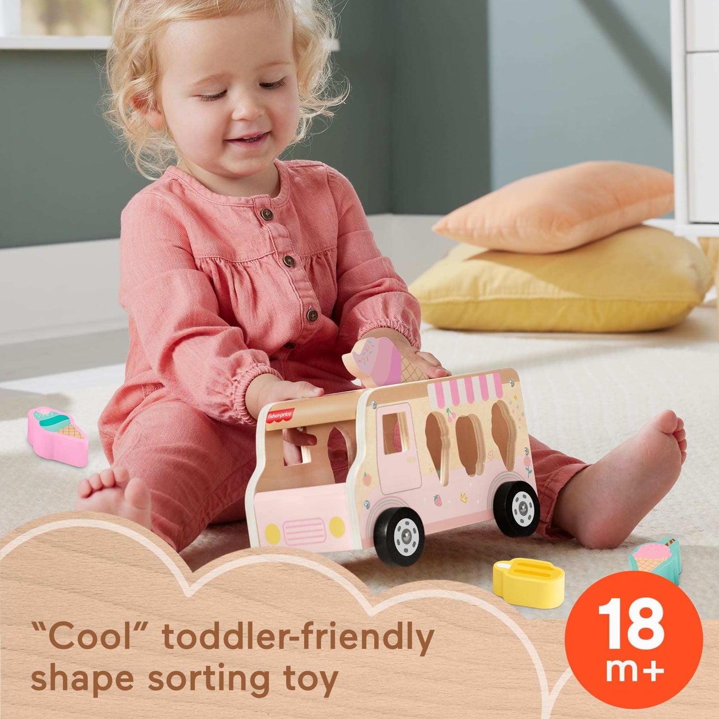Fisher-Price Wood Toddler Toy Ice Cream Truck Shape Sorter Set, 9 Wooden Pieces for Developmental Play Kids Ages 18+ Months (Amazon Exclusive)