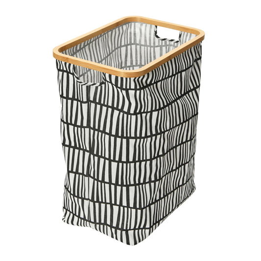 Household Essentials Bamboo Rimmed Rectangular Krush Hamper with Cutout Handles, Black and White