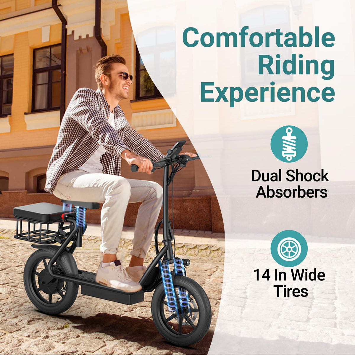 NAVIC T1PRO Electric Scooter,Electric Scooter with Seat,Max 49 Miles Ranges,Top Speed 22 mph,750W Peak Motor for Pets,Cargo with Back Basket