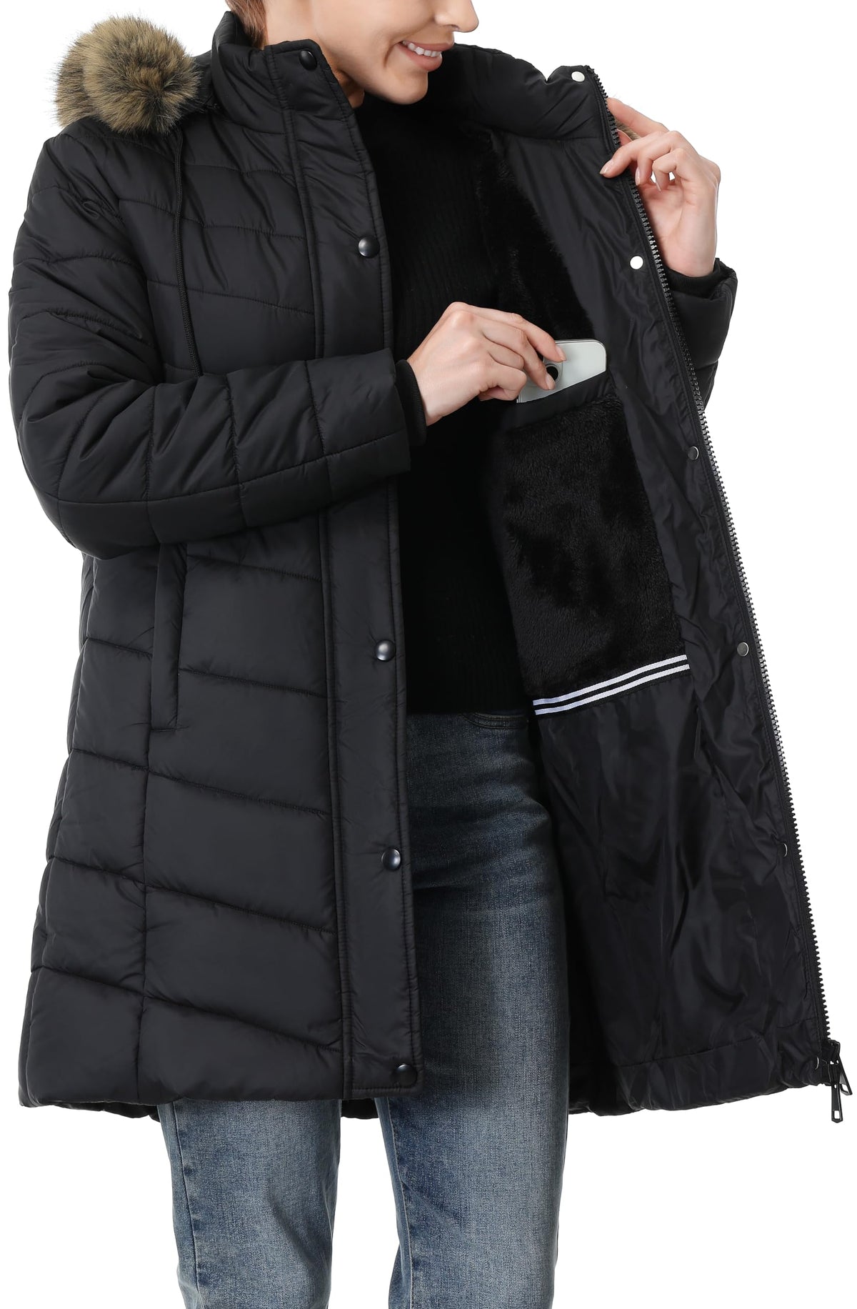 Women's Long Winter Puffer Coat Warm Thicken Fleece Lined Down Jacket Waterproof Detachable Hooded Parka