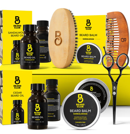 The Beard Club Beard Kit for Men - Grooming & Care Kit - Cedar & Sandalwood Oil, Sandalwood Balm, Boar Bristle Brush, Comb, Trimming Scissors - Dad Gift Set