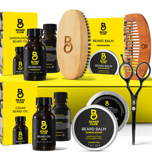 The Beard Club Beard Kit for Men - Grooming & Care Kit - Cedar & Sandalwood Oil, Sandalwood Balm, Boar Bristle Brush, Comb, Trimming Scissors - Dad Gift Set