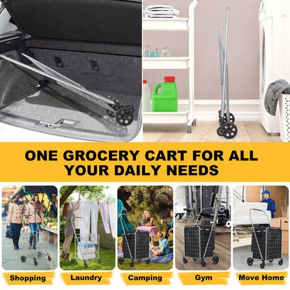 Shopping Cart with 360° Rolling Swivel Wheels, Portable Utility Cart for Grocery, Folding Shopping Cart with Waterproof Basket Liner, Collapsible Cart 120lbs, Sliver