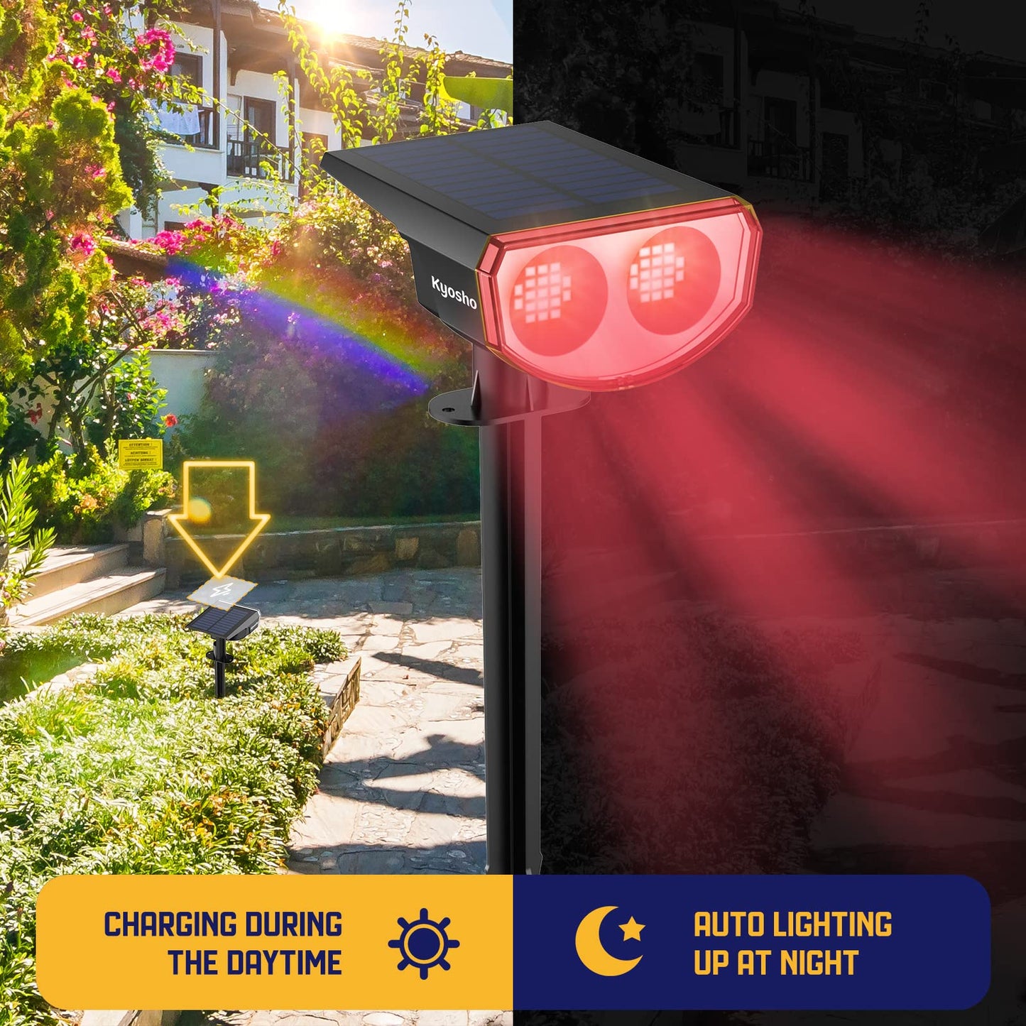 Kyosho Solar Color Spot Lights Outdoor, 9 Lighting Modes Halloween Christmas Lights, 38 LEDs Color Changing Waterproof RGBW Multicolor Tree Pool Solar Spotlight, 2 Pack