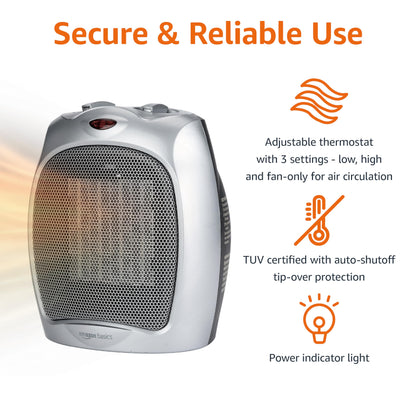 Amazon Basics Ceramic Space Heater, Portable Indoor Heating Solution, With Overheat and Tip-Over Protection, Thermostat, Non-Oscillating, 1500W, 7.52"D x 6.34"W x 9.45"H, Silver