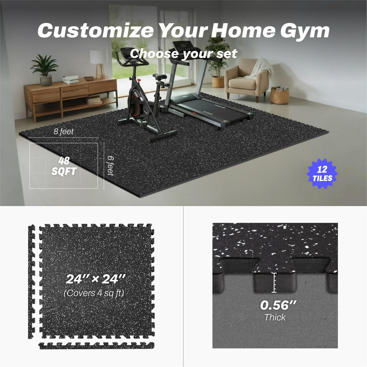 AIRHOP 0.56in Thick 48 Sq Ft Exercise Equipment Mats, 12 Tiles Upgraded Rubber Top with High Density EVA Foam, Large Interlocking Puzzle Gym Flooring for Home Gym, Heavy Weight Workout, 24 x 24in
