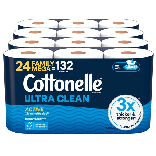 Cottonelle Ultra Clean Toilet Paper with Active CleaningRipples Texture, Strong Bath Tissue, 1-Ply, White, 24 Family Mega = 132 Regular Rolls (4 Packs of 6)