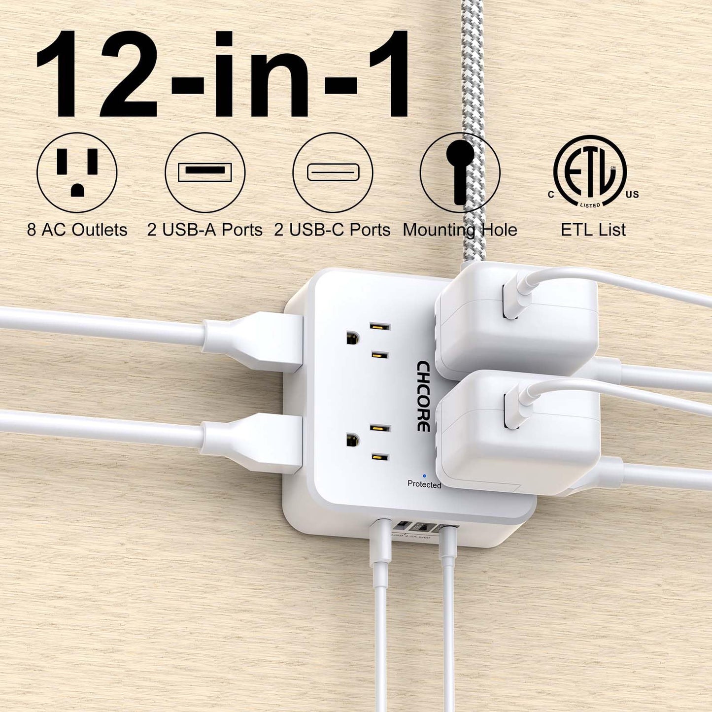 Surge Protector Power Strip - CHCORE 5Ft Braided Extension Cord with 8 Outlets with 4 USB (2 USB C) Charging Ports, Flat Plug Multi Plug Outlet Extender Charging Station for Home Office, ETL, White