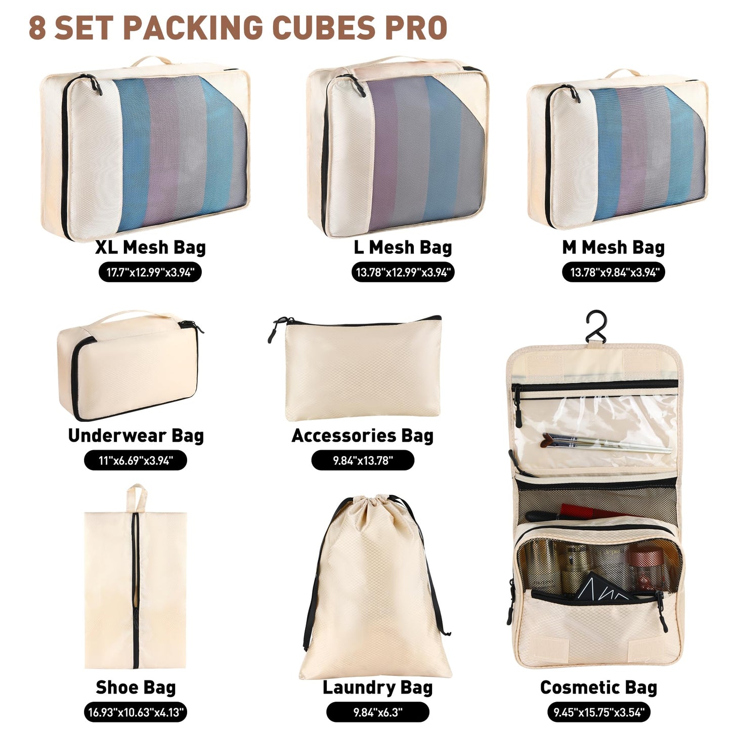 Toncoke 8-Piece Packing Cubes for Travel, Mesh Luggage Organizers with Shoe Bag, Toiletry Bag, Laundry Pouches, 4 Sizes (XL/L/M/S) for Suitcase Organization, Men Women Kids, Beige