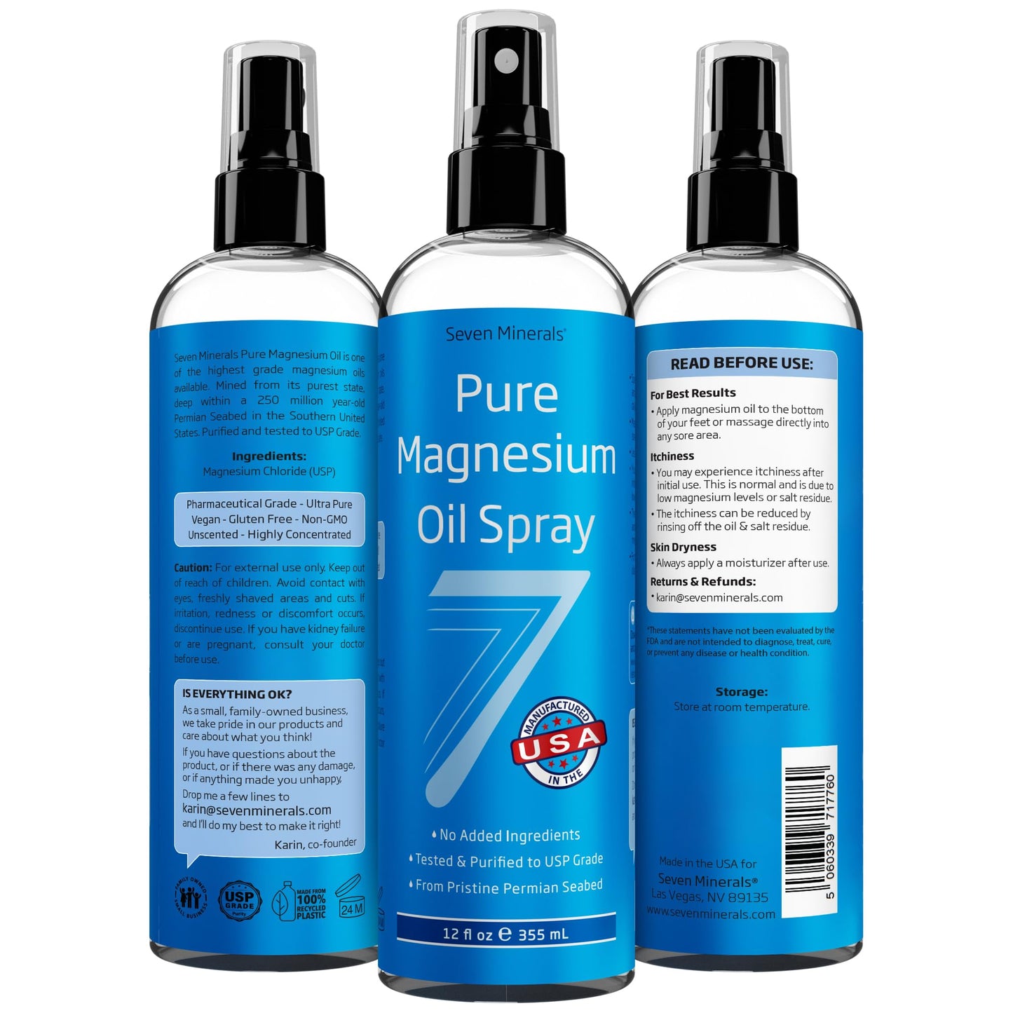 Seven Minerals Pure Magnesium Oil Spray, Big 12oz, USP Grade, Extra Strength, for Feet, Sleep, Muscle Pain & Cramps - Mined in The USA