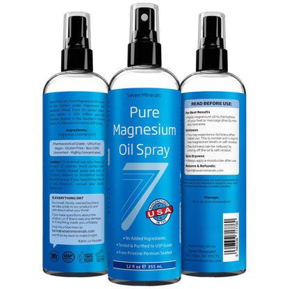 Seven Minerals Pure Magnesium Oil Spray, Big 12oz, USP Grade, Extra Strength, for Feet, Sleep, Muscle Pain & Cramps - Mined in The USA