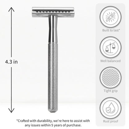 Bambaw Double Edge Safety Razor for Men & Women, Metal Razor with 5 Double Edge Safety Razor Blades, Eco-Friendly Razor – Silver
